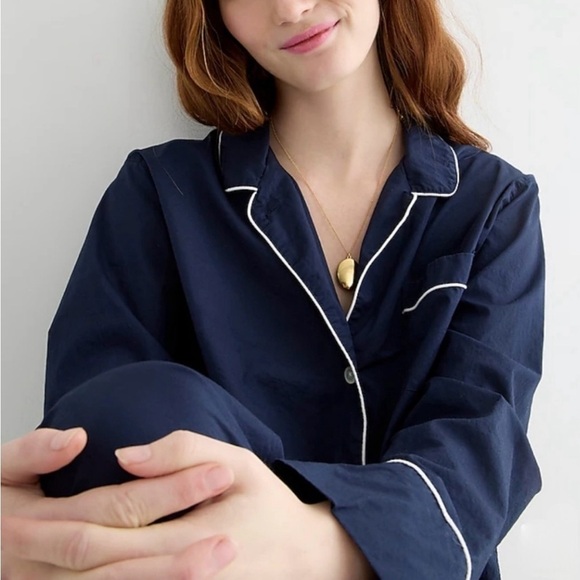 J. Crew Cotton Sleep Shirt with Chest Pocket, Navy with White Piping, Size S - Picture 1 of 13